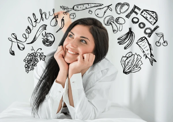 Young pretty women thinking healthy food